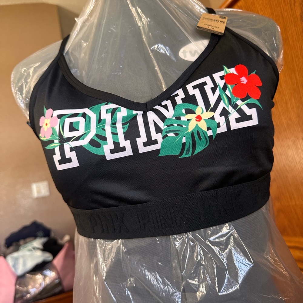 NWT Victoria secret Black PINK Sports Bra with Floral Design size large